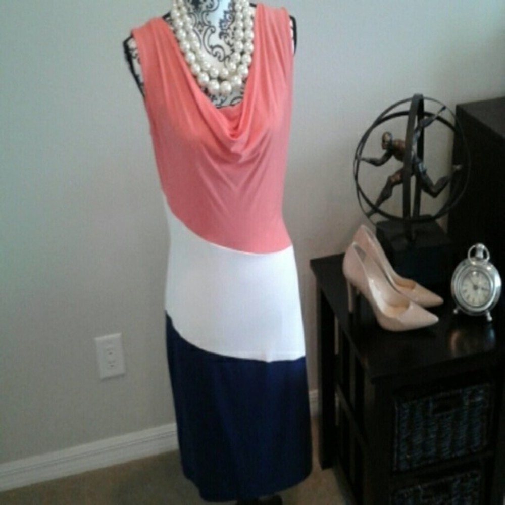 MNG by MANGO Coral Navy & Ivory Cowl neck Colorblock MIDI Dress
